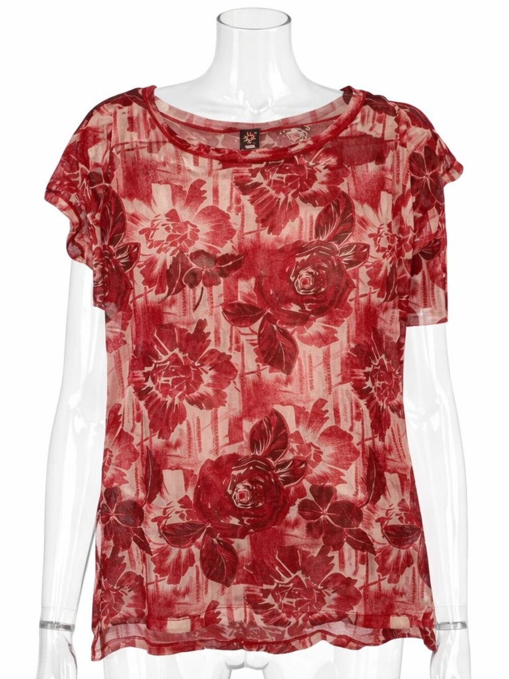 Jean Paul gaultier soleil red and white floral mesh sheet top size XS